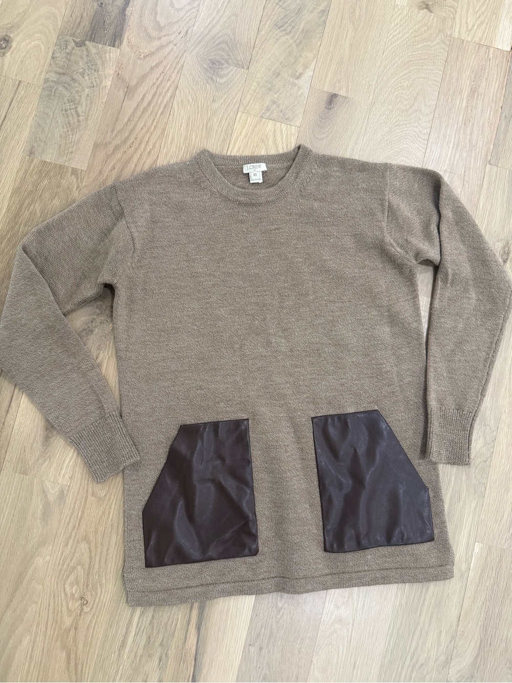 J. Crew Merino Wool Tan Crewneck Sweater with Leather Patch Pockets